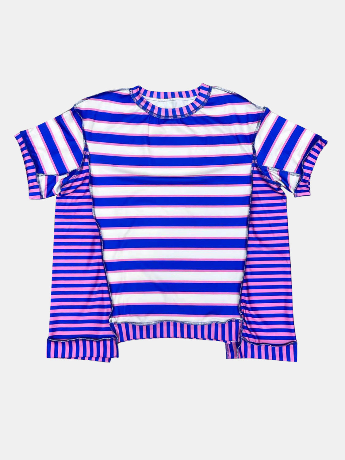 Full Size Contrast Stitching Striped Round Neck T-Shirt