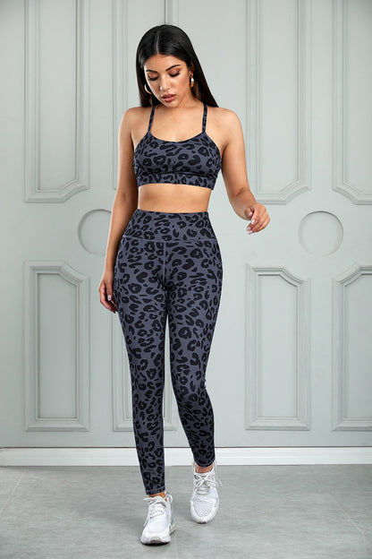 Leopard Cutout Sports Bra and Leggings Set Gray