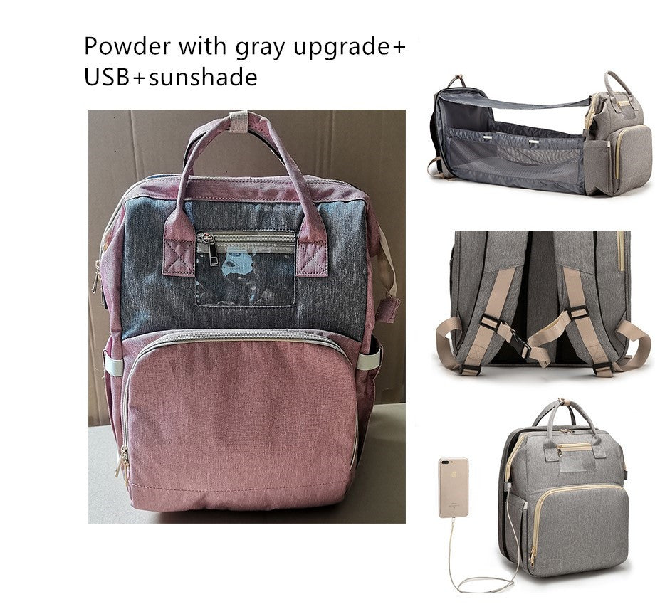 USB Charging Version Mommy Bed Backpack Folding Large Capacity Multi-function Pink grey B