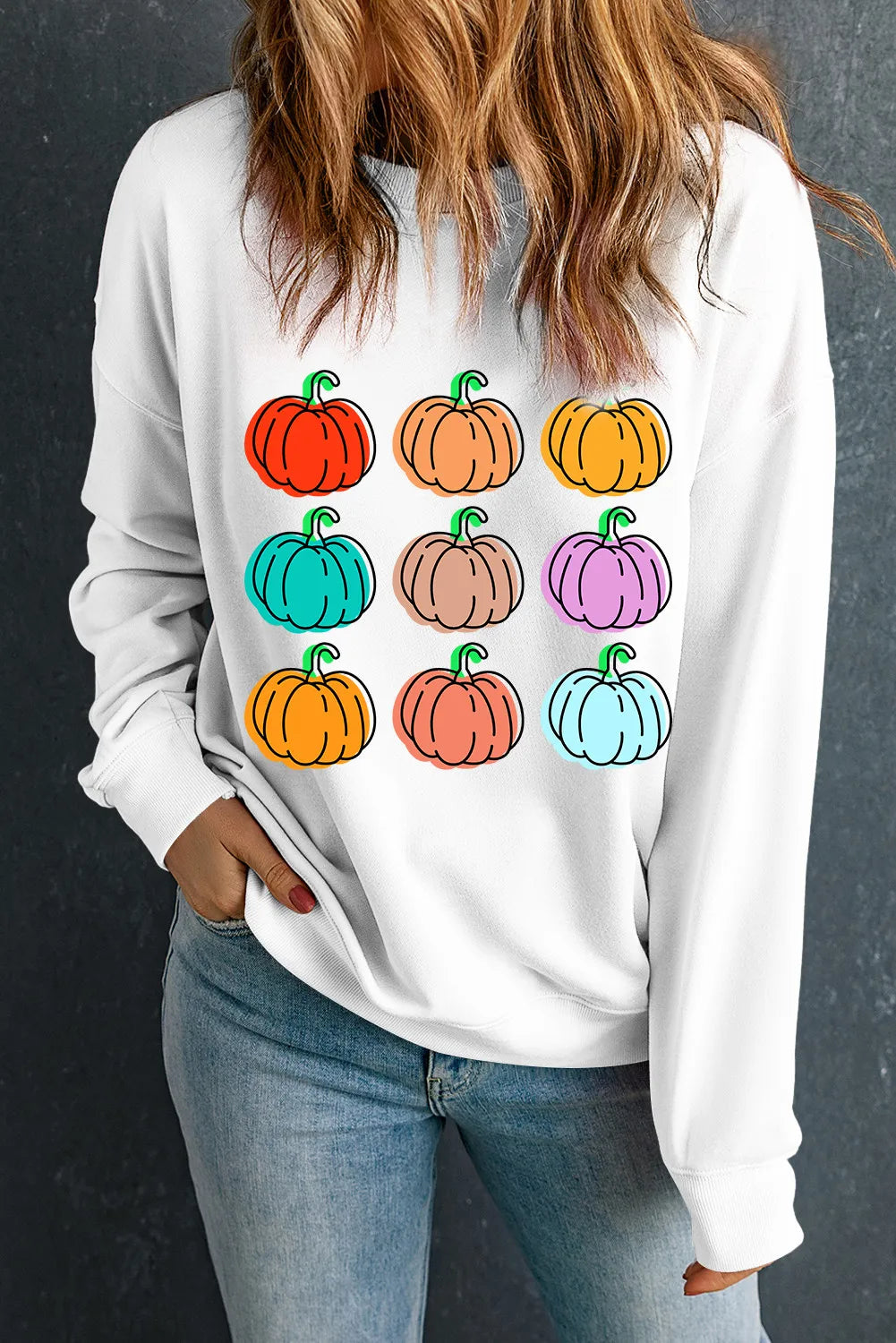 Pumpkin Graphic Long Sleeve Sweatshirt White