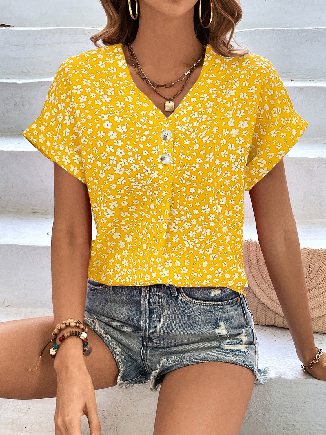 Printed V-Neck Short Sleeve Blouse Canary Yellow