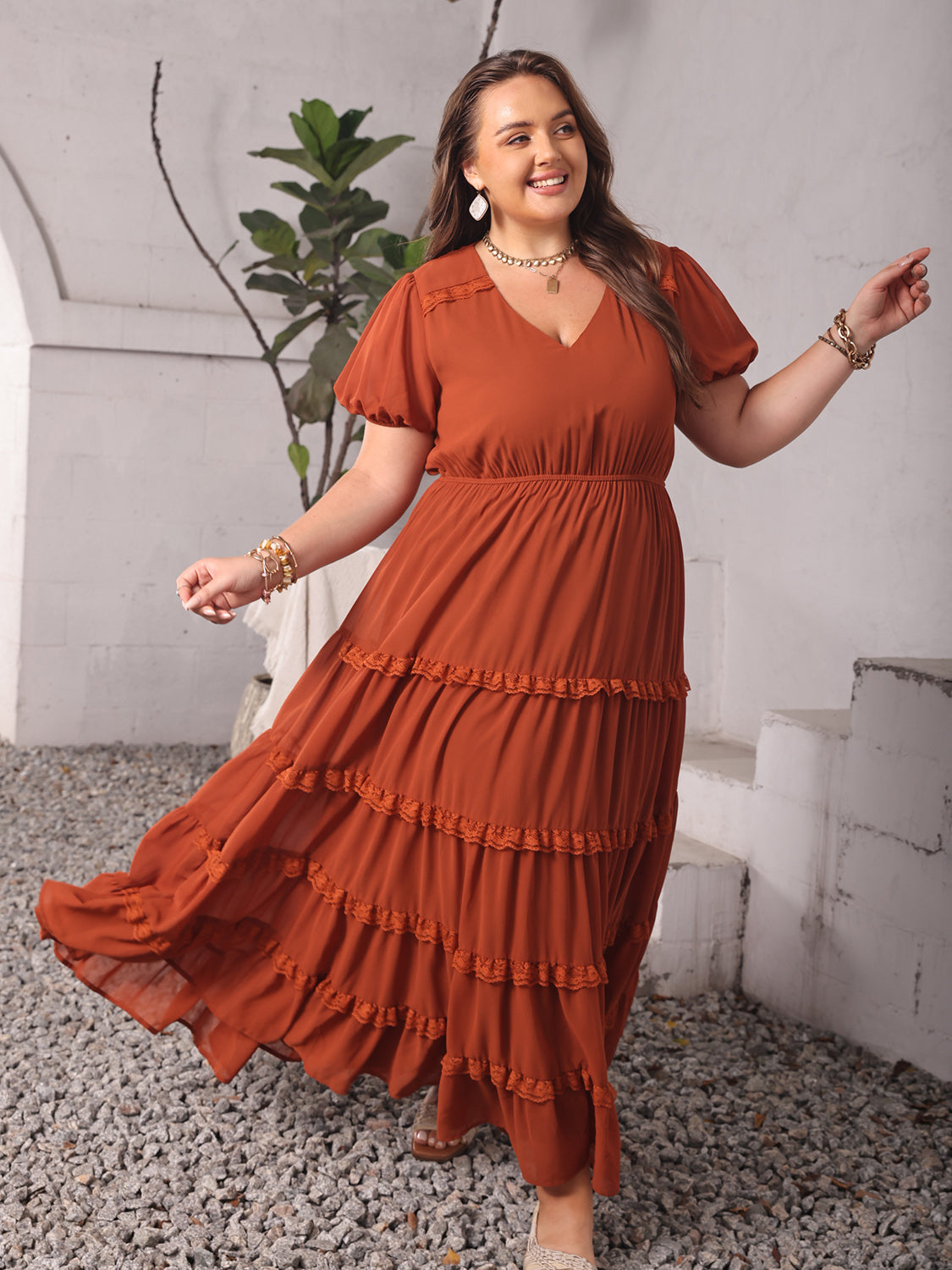 Plus Size Ruched Lace Detail V-Neck Short Sleeve Dress - Thandynie