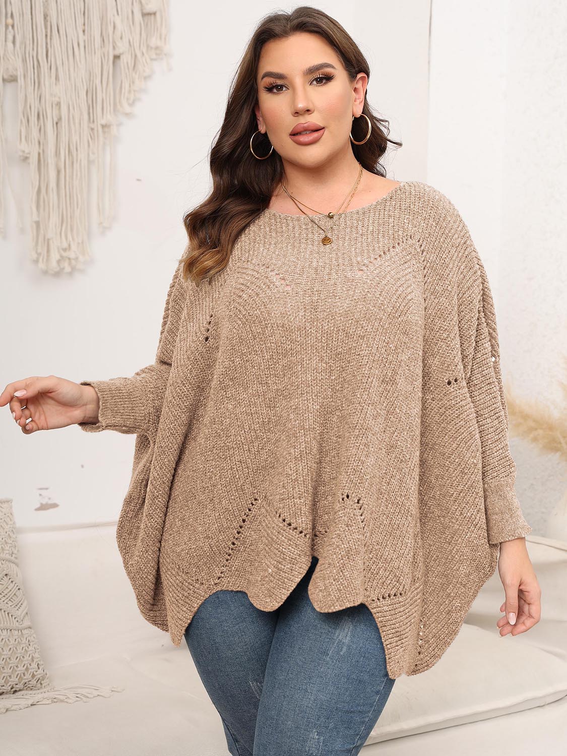 Plus Size Round Neck Batwing Sleeve Sweater Tan