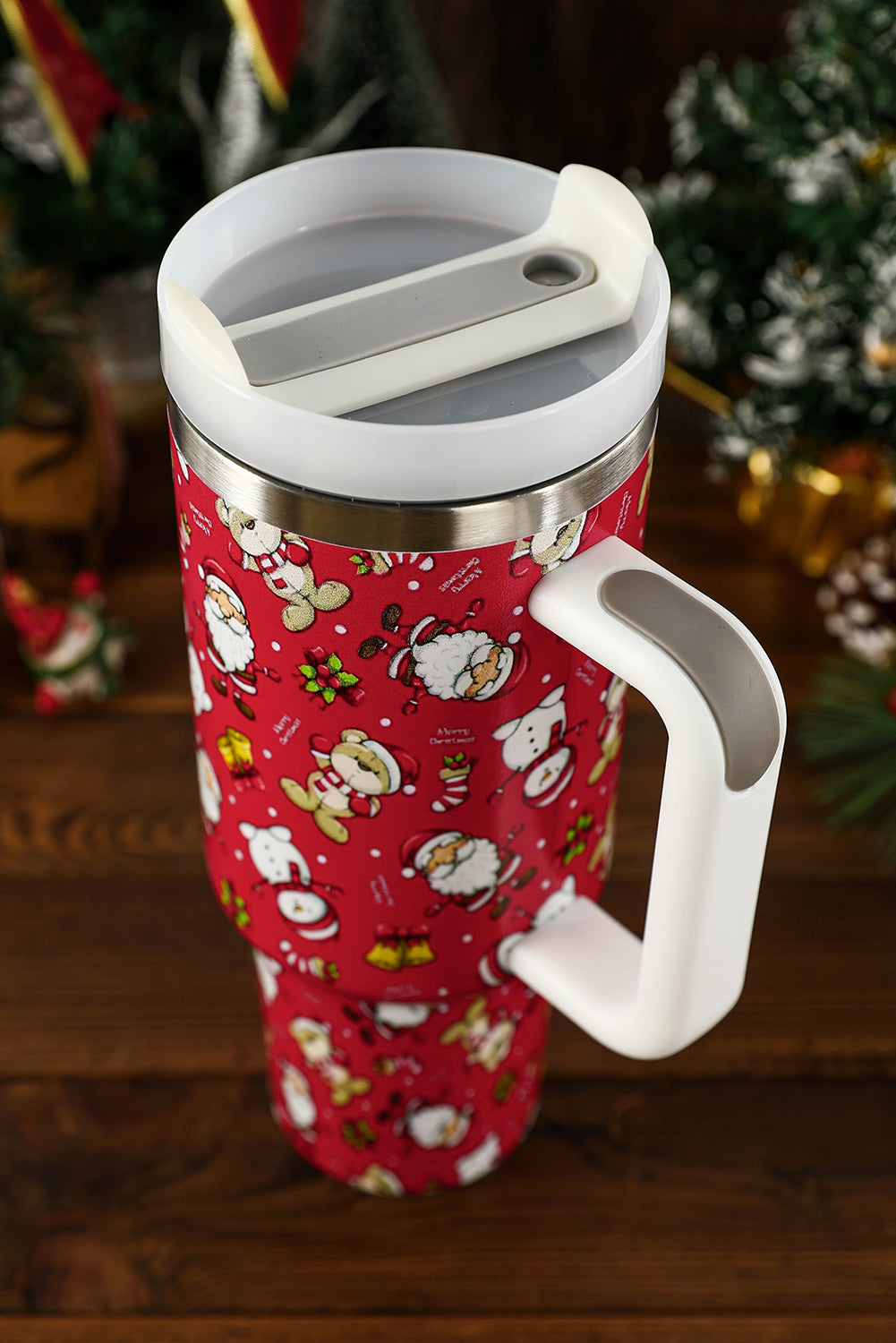 40oz Fiery Red Christmas Print Handled Stainless Steel Tumbler