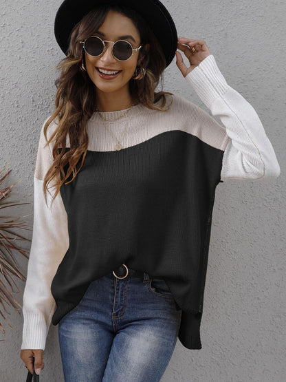 Color Block Round Neck Dropped Shoulder Sweater Black