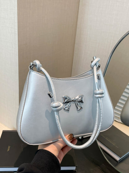 Bow PU Leather Knotted Strap Handbag Silver One Size