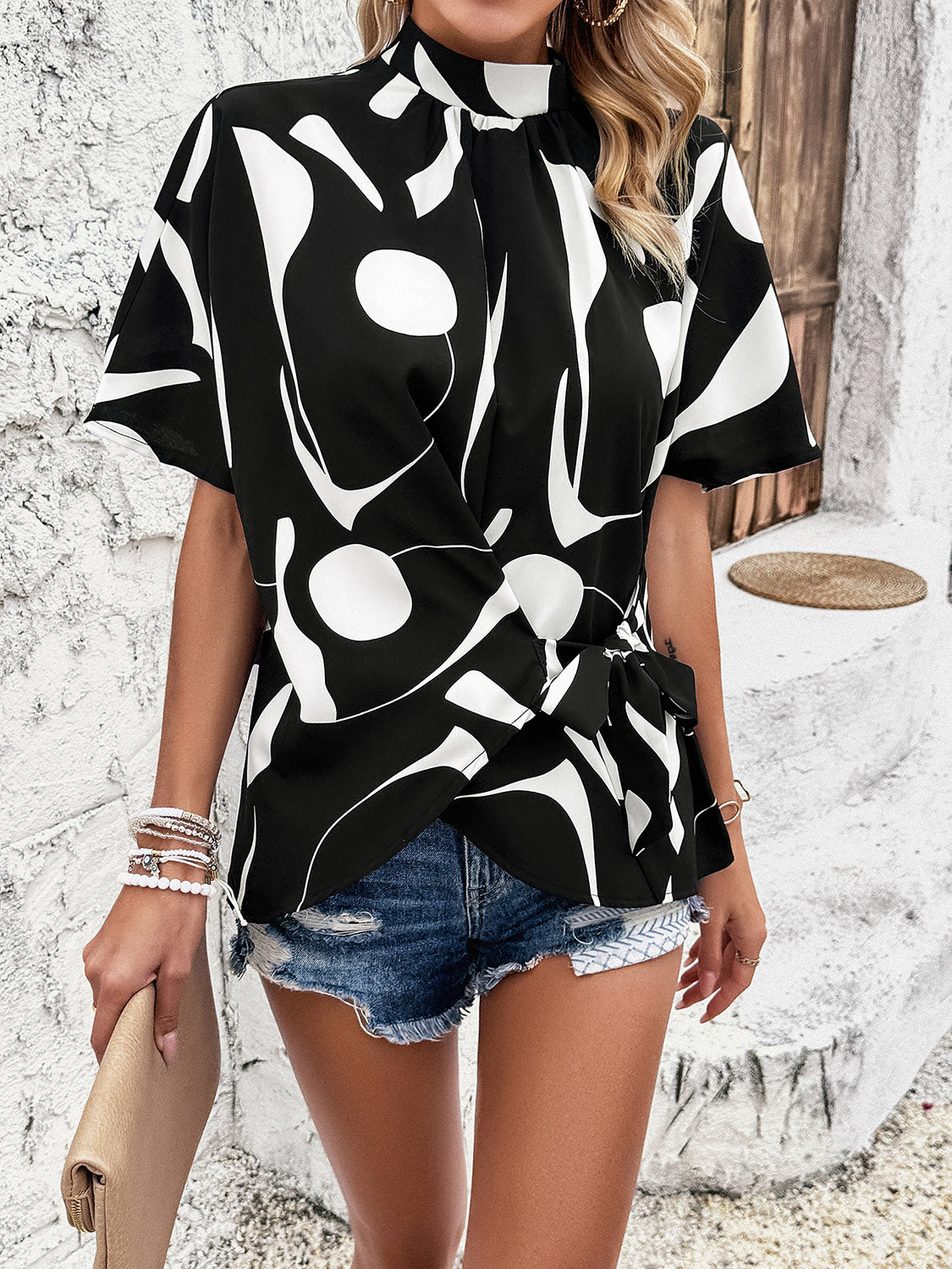 Tied Printed Mock Neck Half Sleeve Blouse Black