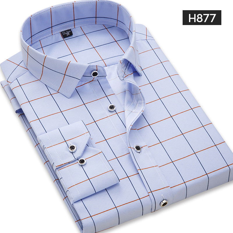 Men's Checkered Long-Sleeve Workwear Shirt | Solid Color Cotton Blend Shirt H877