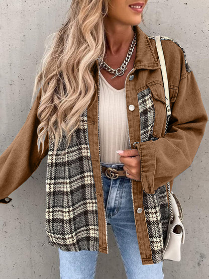 Plaid Button Up Dropped Shoulder Jacket Camel