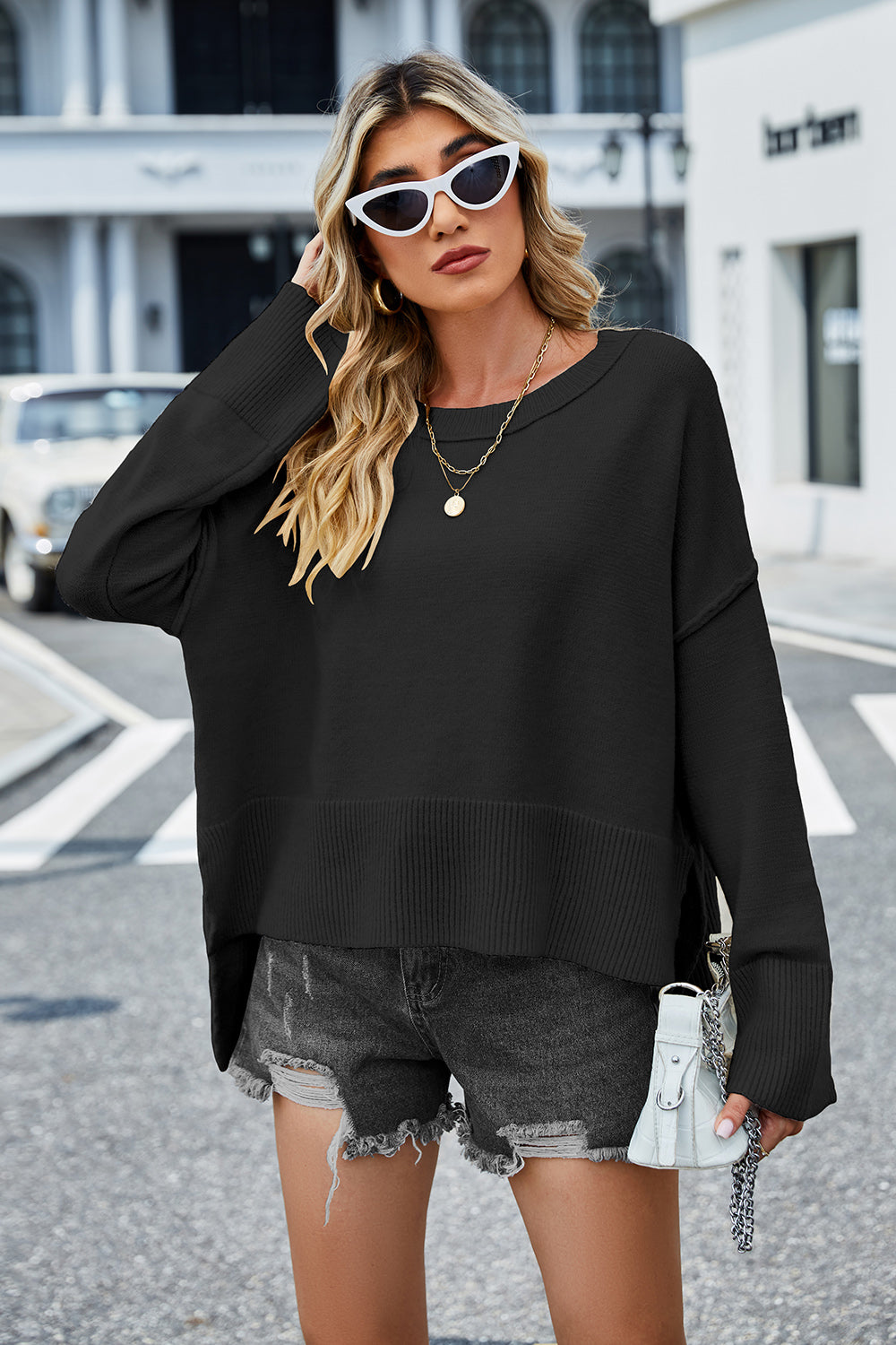 High-Low Slit Round Neck Long Sleeve Sweater Black