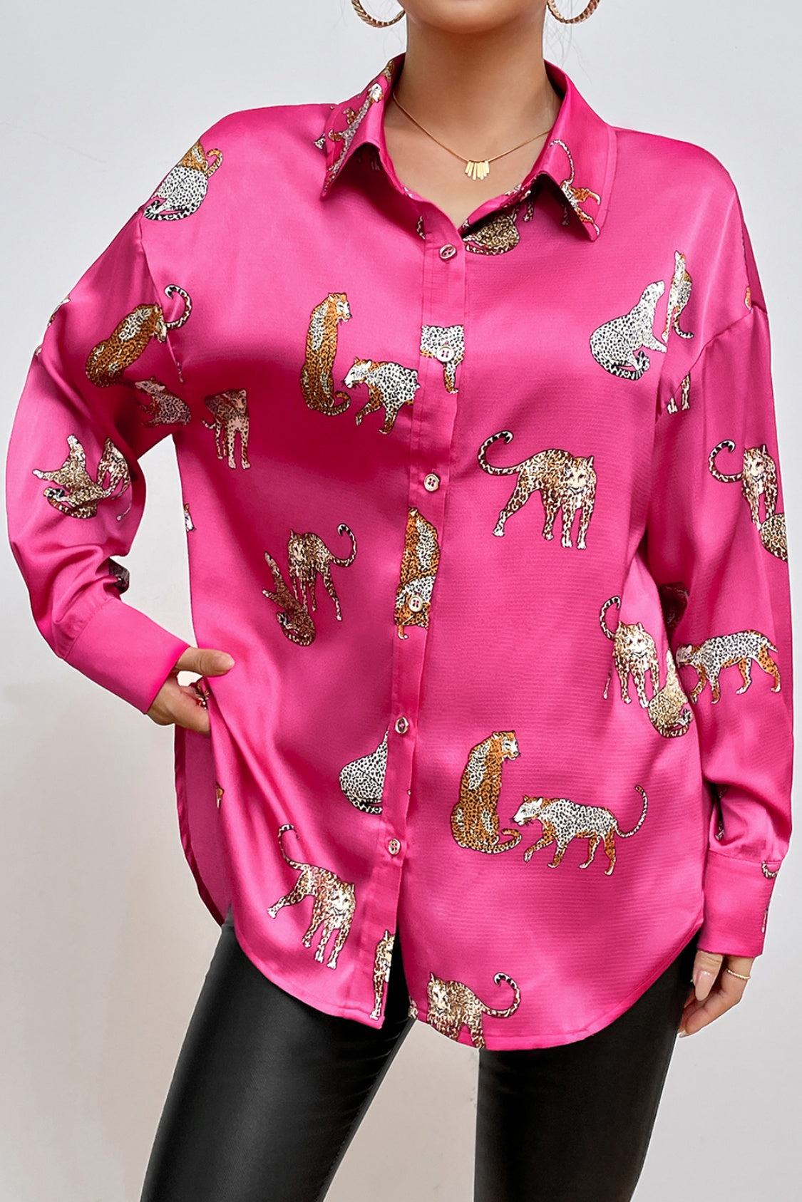 Animal Print Collared Neck Shirt Hot Pink