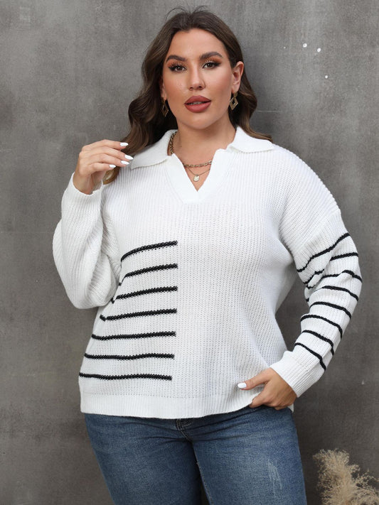 Plus Size Striped V-Neck Sweater White