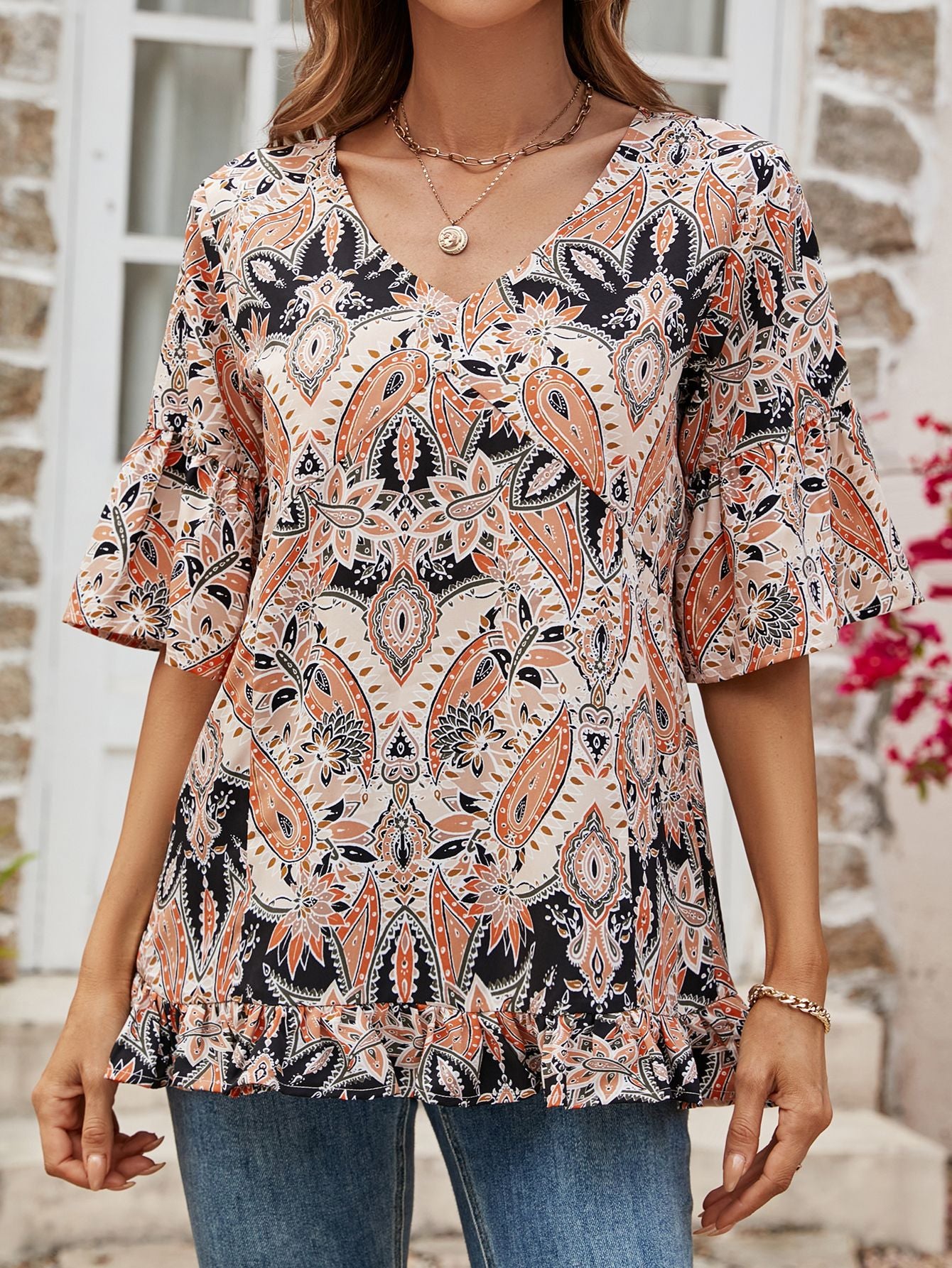 Printed Flounce Sleeve Ruffle Hem Blouse Tangerine