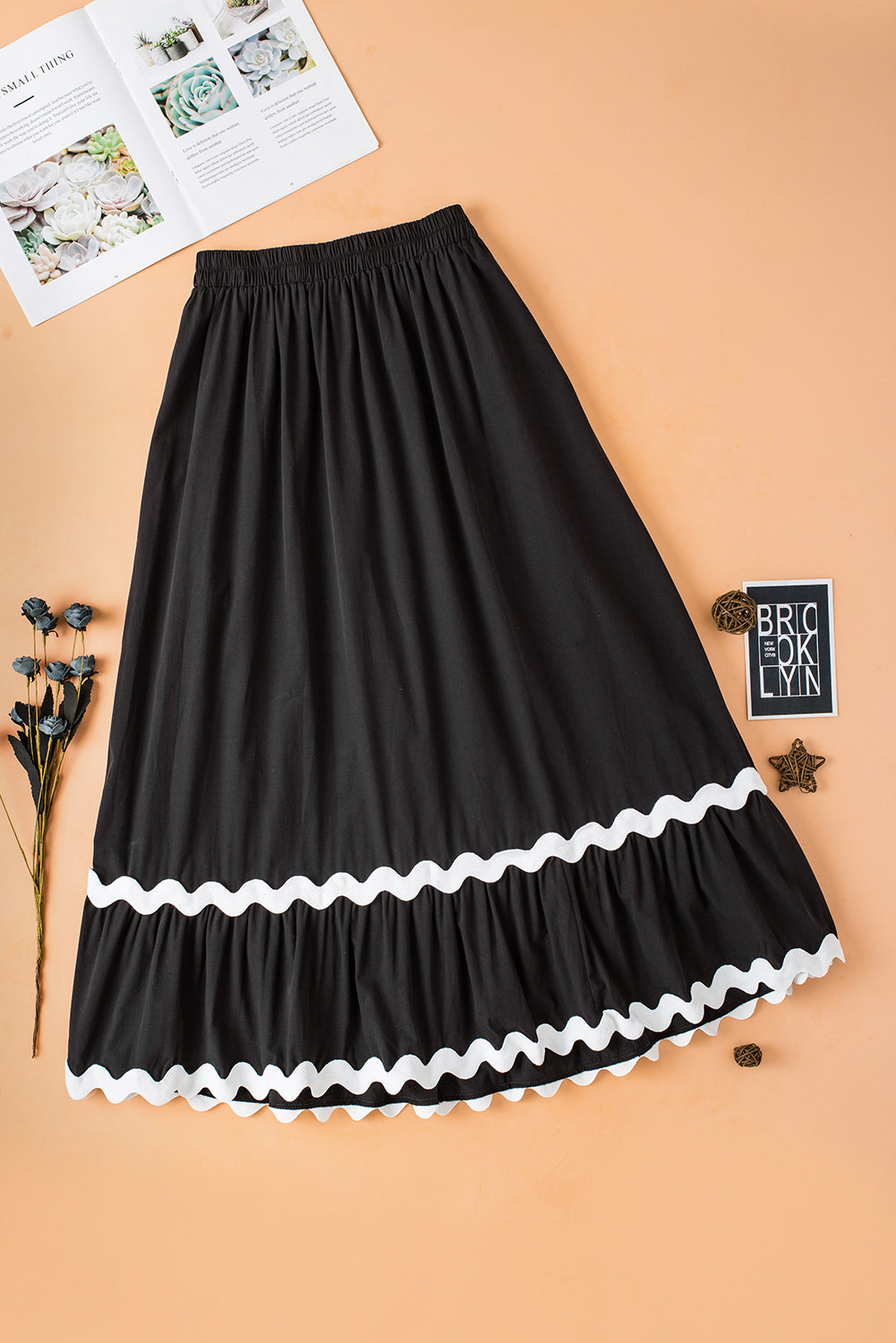 Black Ricrac Trim Colorblock High Waist Long Skirt