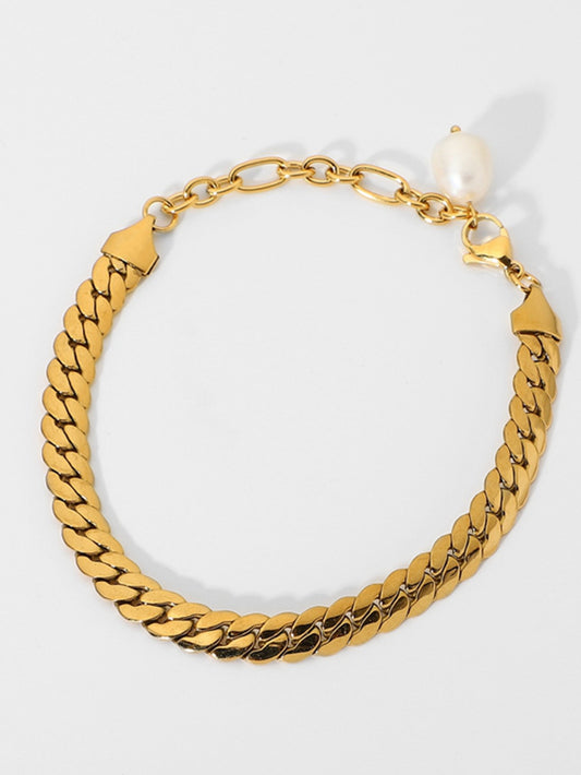 Thick Curb Stainless Steel Chain Bracelet with Pearl Gold One Size