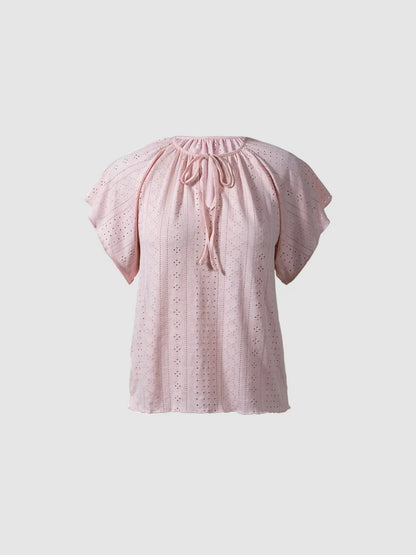 Eyelet Tied Flutter Sleeve Blouse Blush Pink