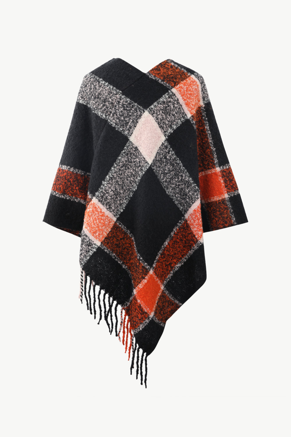 Plaid Fringe Detail Poncho - Thandynie