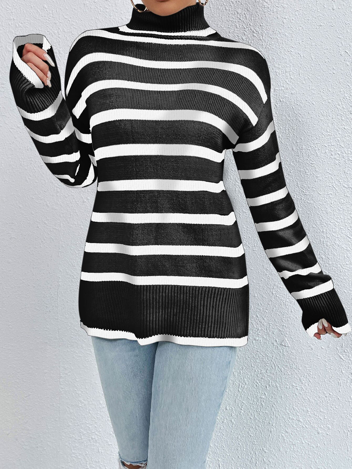 Striped Turtleneck Long Sleeve Sweater – Cozy and Stylish Knitwear for Fall & Winter