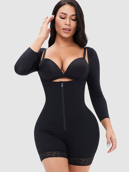 Full Size Zip Up Lace Detail Long Sleeve Shapewear Black