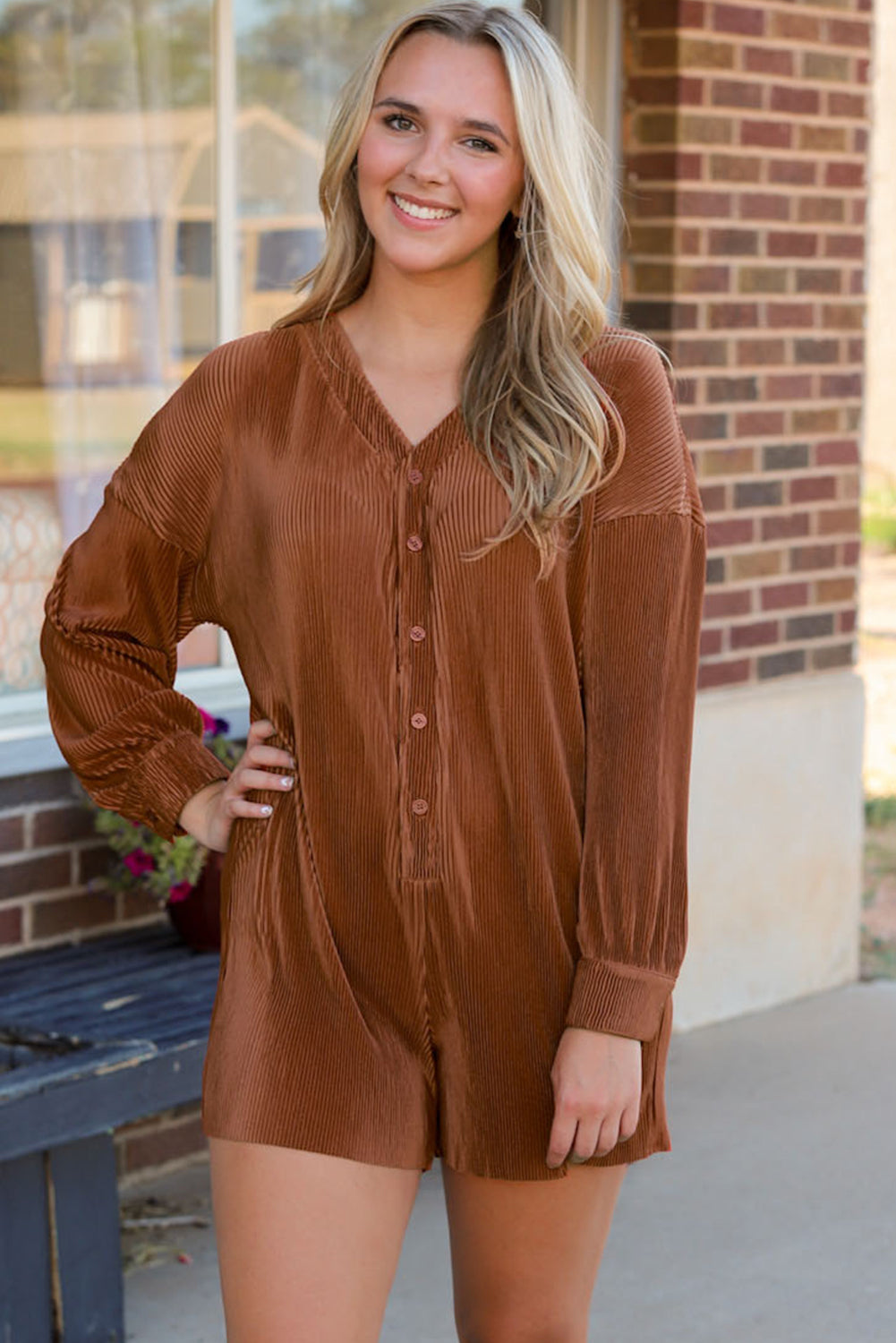 Ribbed Long Sleeve Button Front Romper Orange 100%Polyester