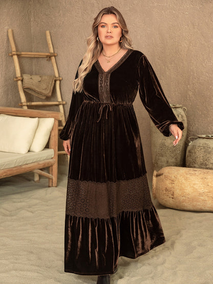 Plus Size V-Neck Balloon Sleeve Maxi Dress Chocolate