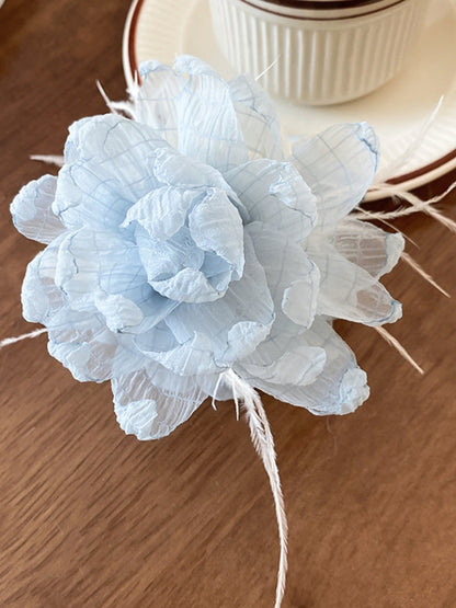 Feather Trim Flower Shape Hair Claw Clip Pastel Blue One Size