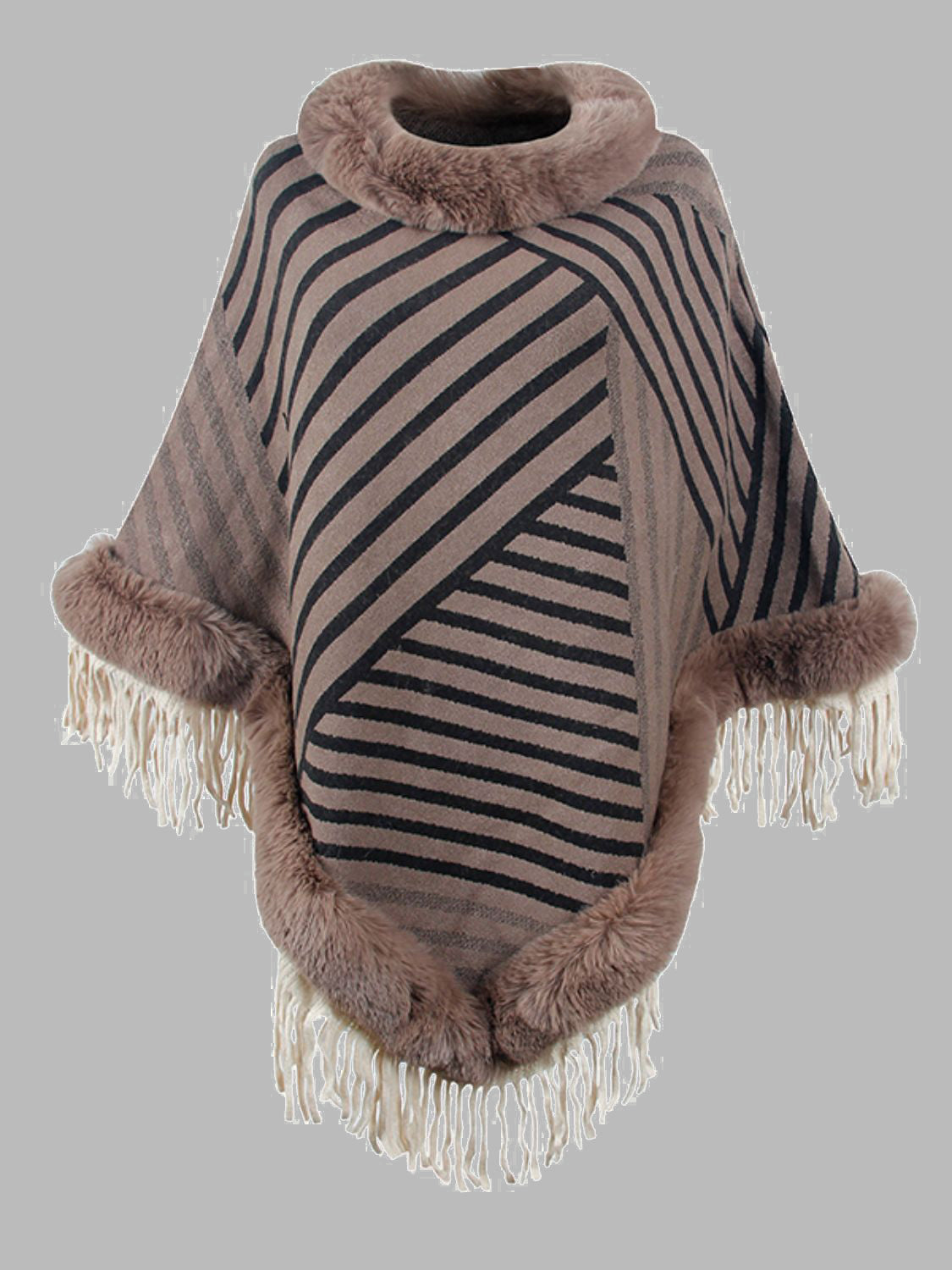 Striped Fringe Hem Poncho - Thandynie