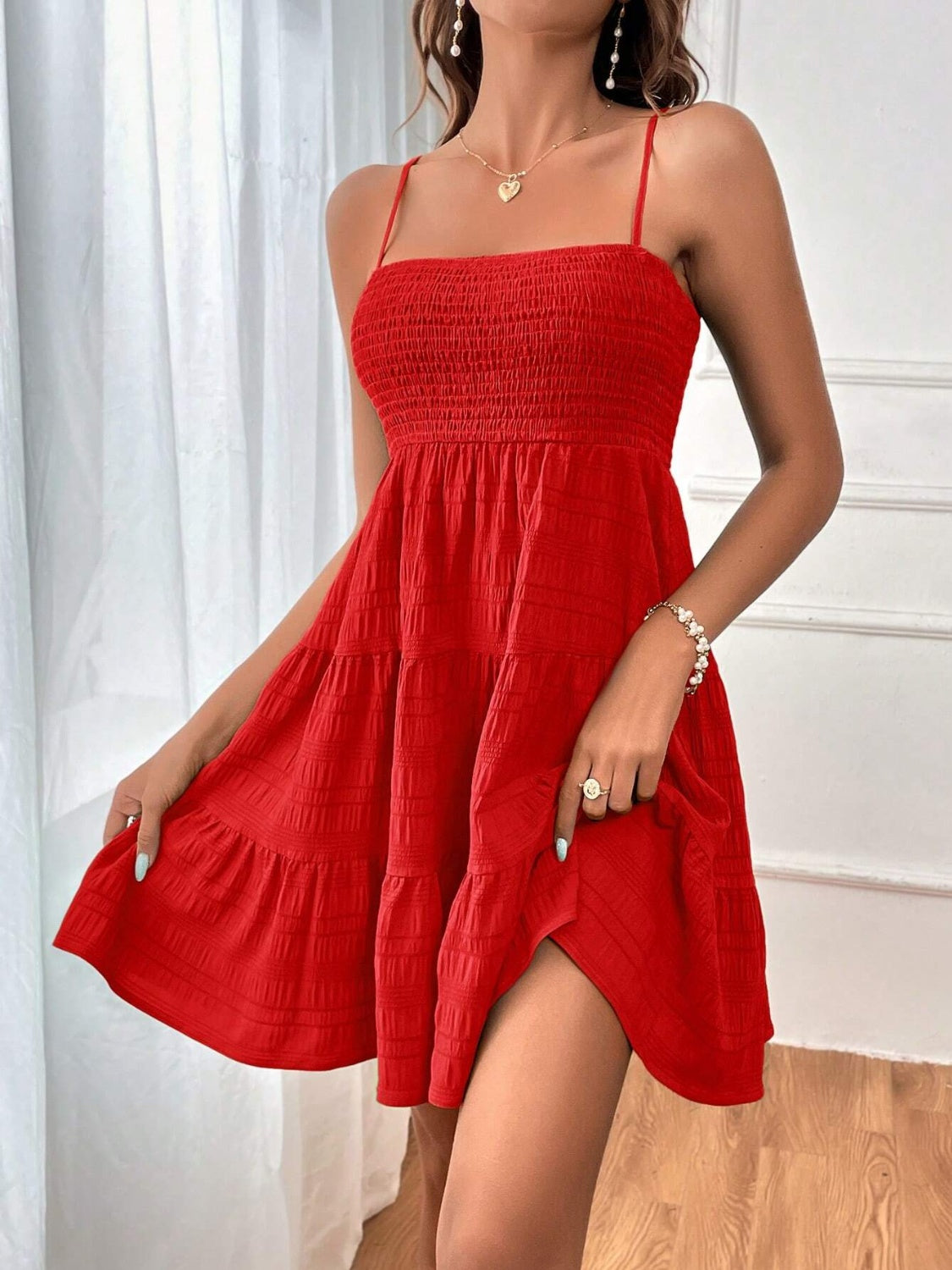 Smocked Tiered Sleeveless Mini Dress - 100% Polyester, Opaque, Chic Summer Style