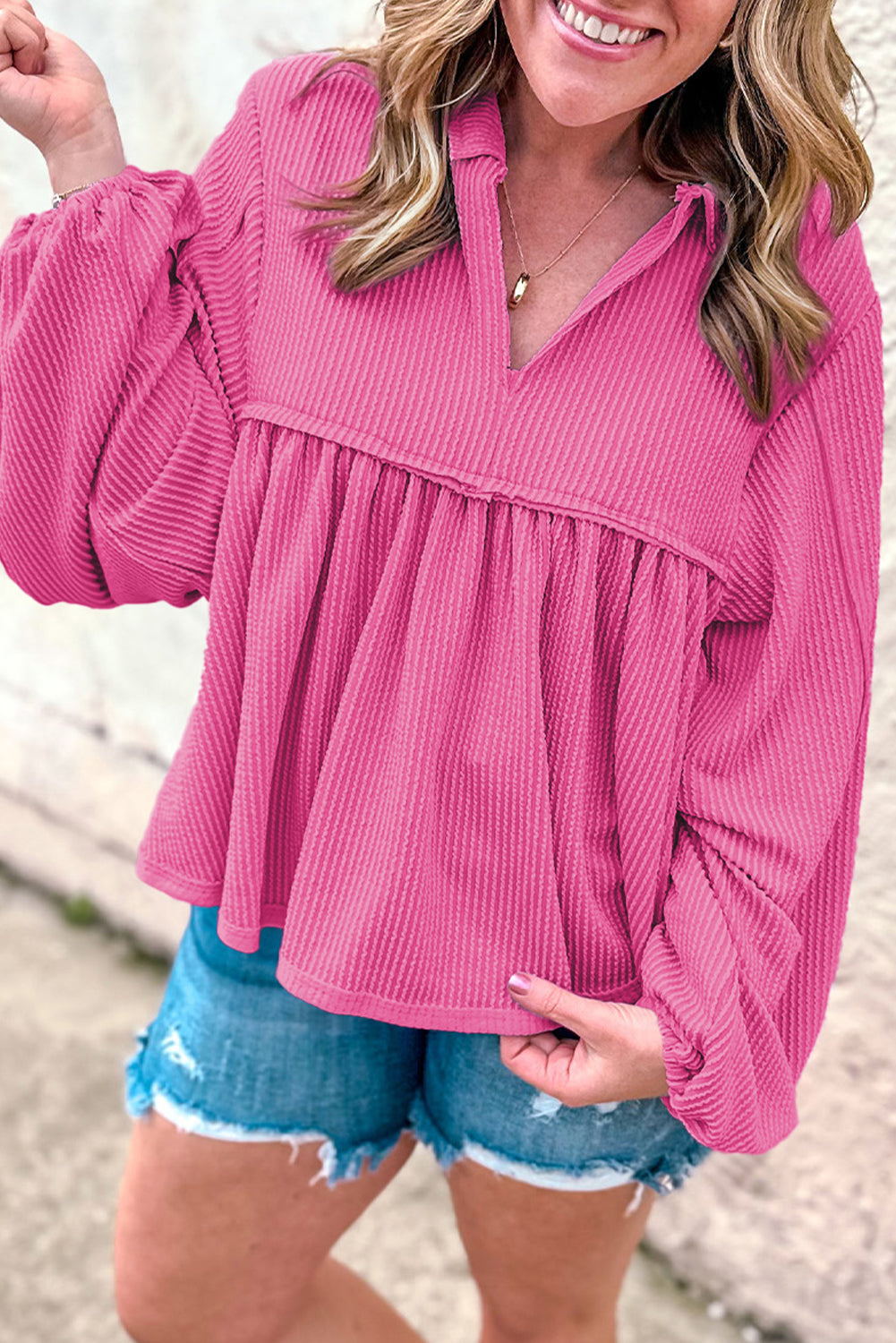 Bright Pink Corded Turn-down V Neck Bubble Sleeve Babydoll Blouse Bright Pink 75%Polyester+20%Viscose+5%Elastane