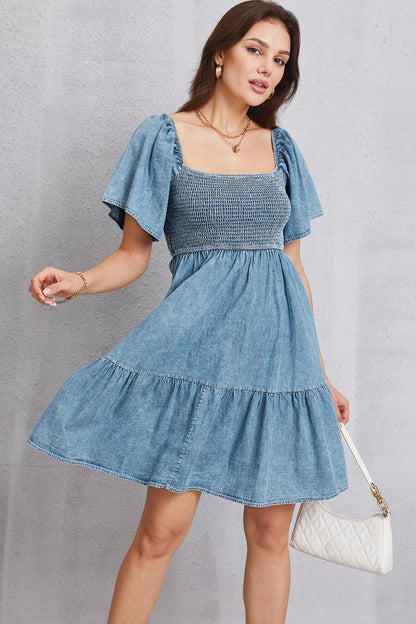 Smocked Square Neck Mini Denim Dress Light