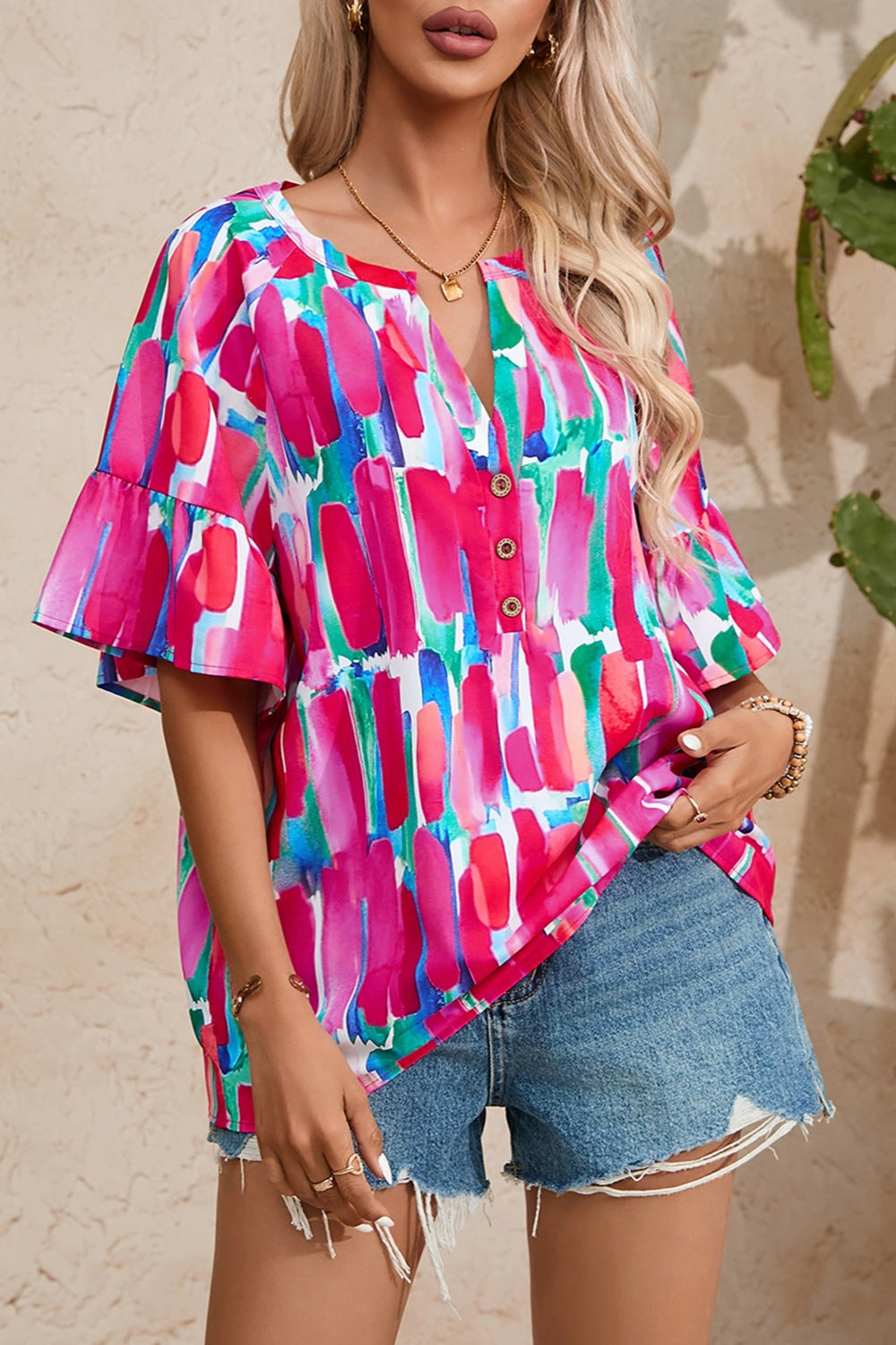 Printed Notched Half Sleeve Blouse Hot Pink