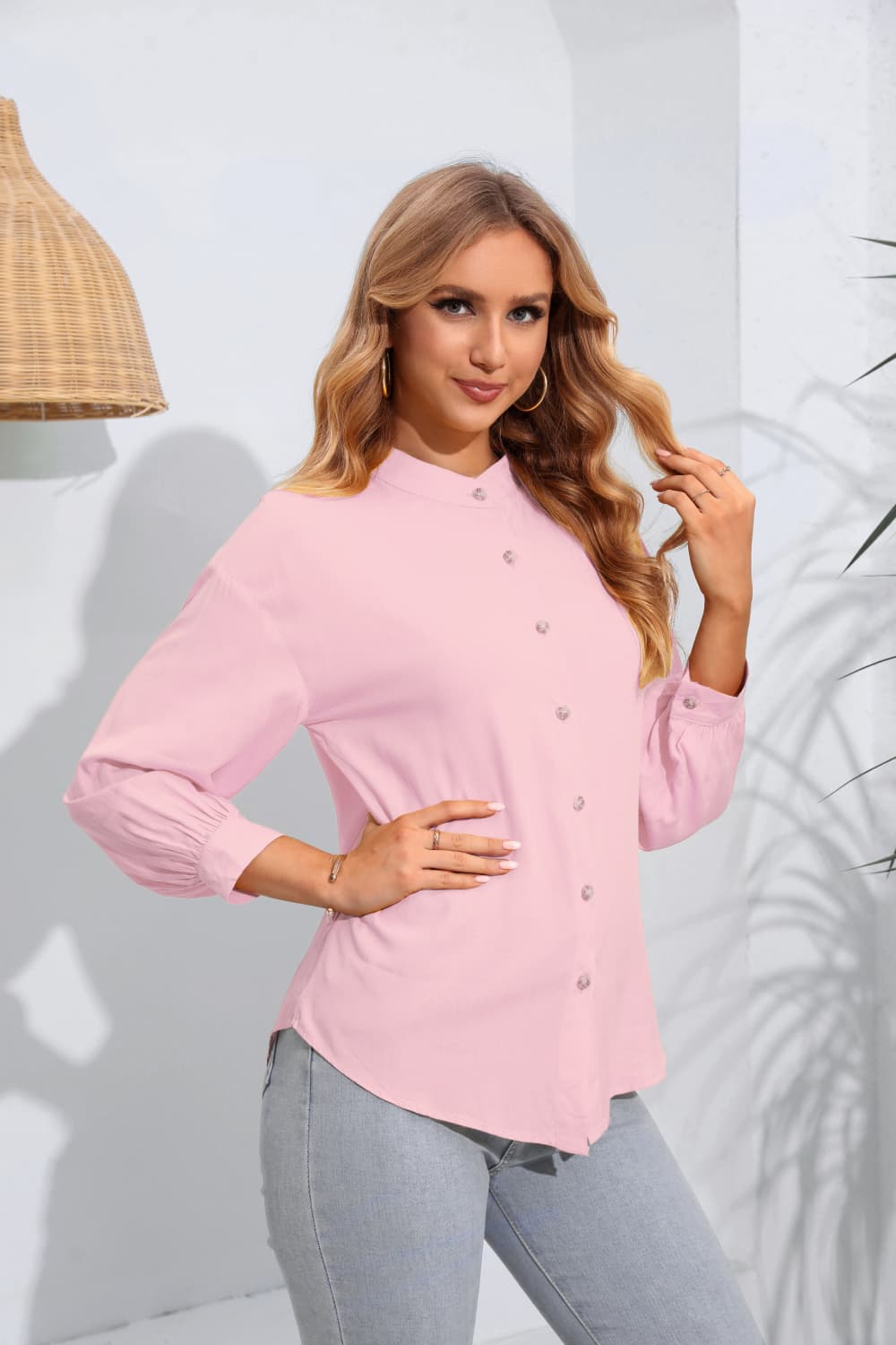 Mock Neck Buttoned Long Sleeve Shirt - Thandynie