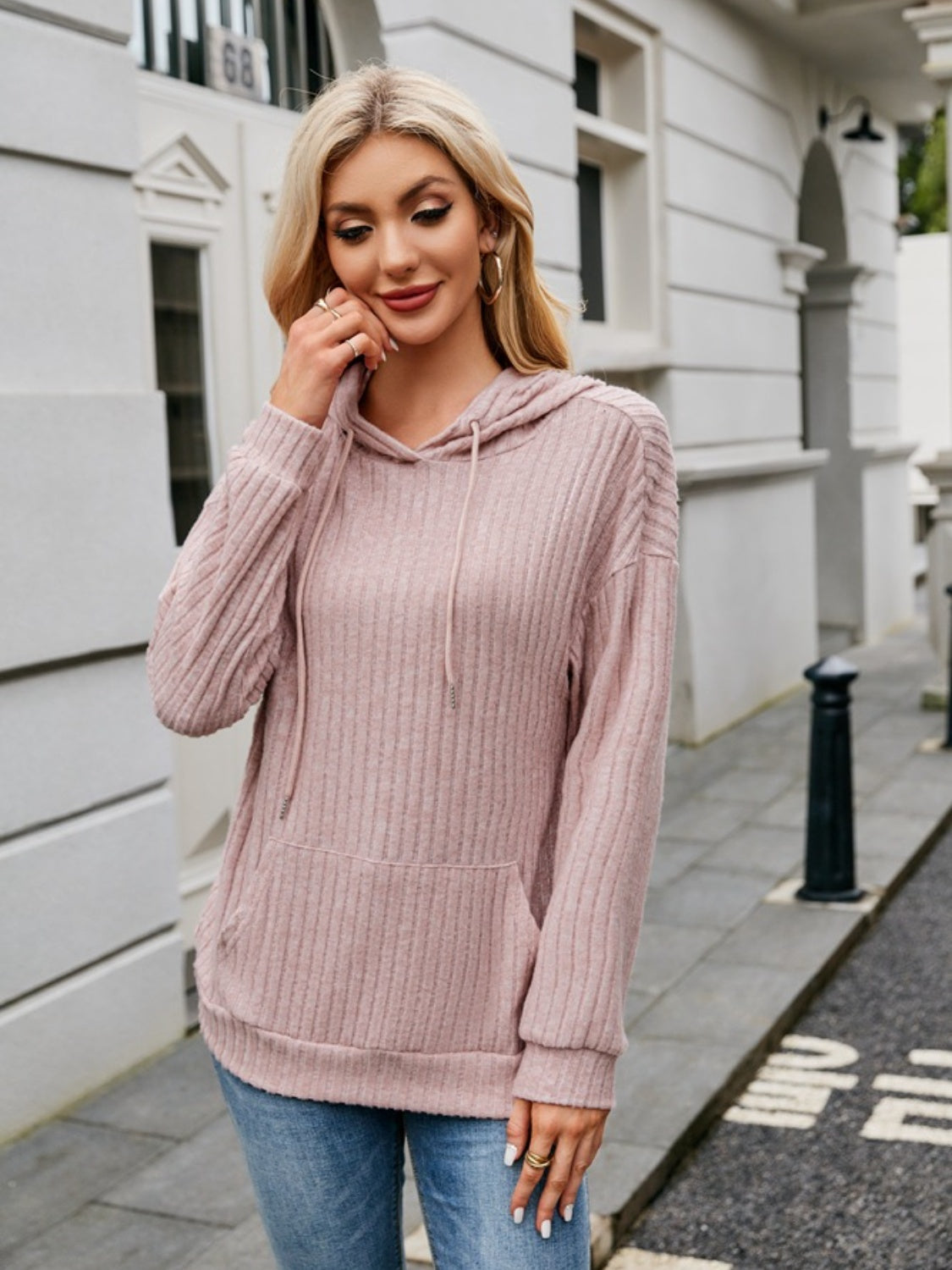 Ribbed Drawstring Long Sleeve Hoodie Blush Pink