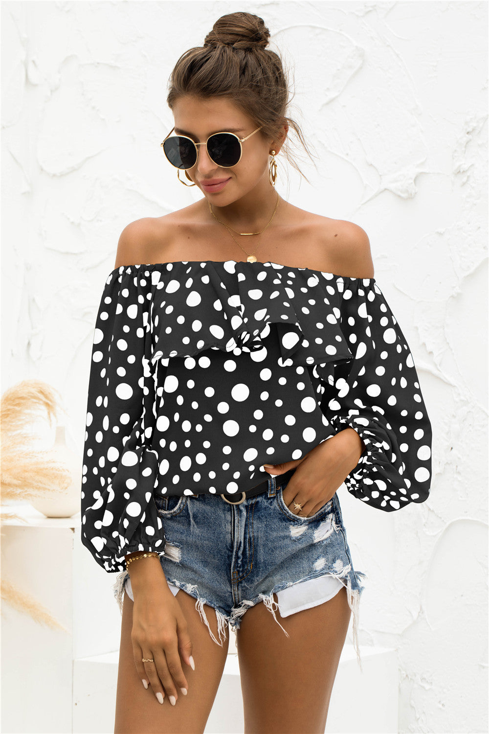 Polka Dot Off-Shoulder Layered Blouse - Thandynie