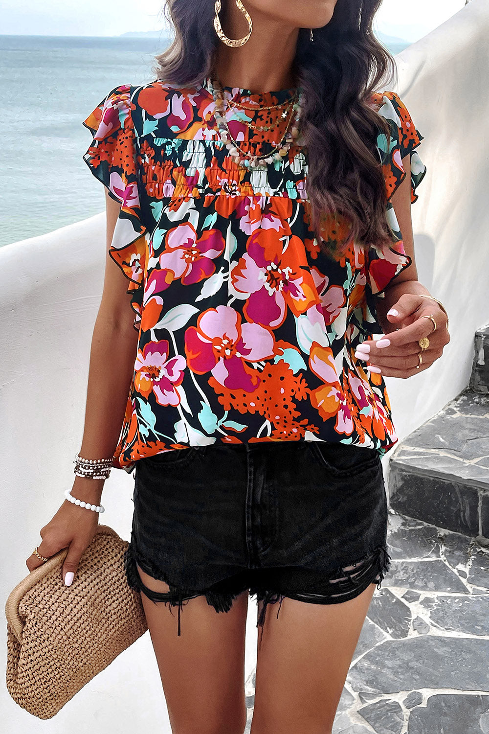 Smocked Printed Mock Neck Cap Sleeve Blouse