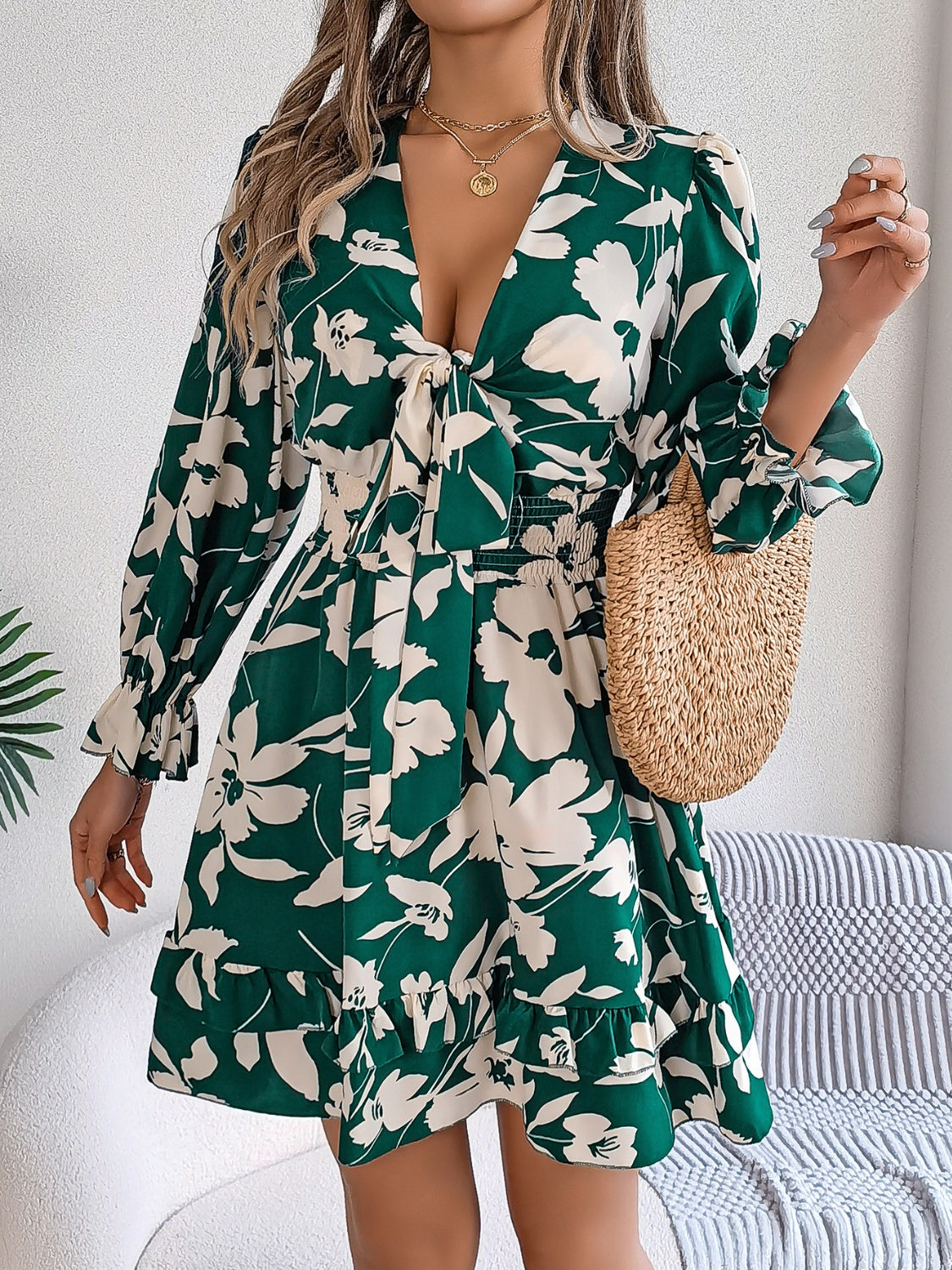 Tied Ruffled Printed Long Sleeve Dress - Thandynie