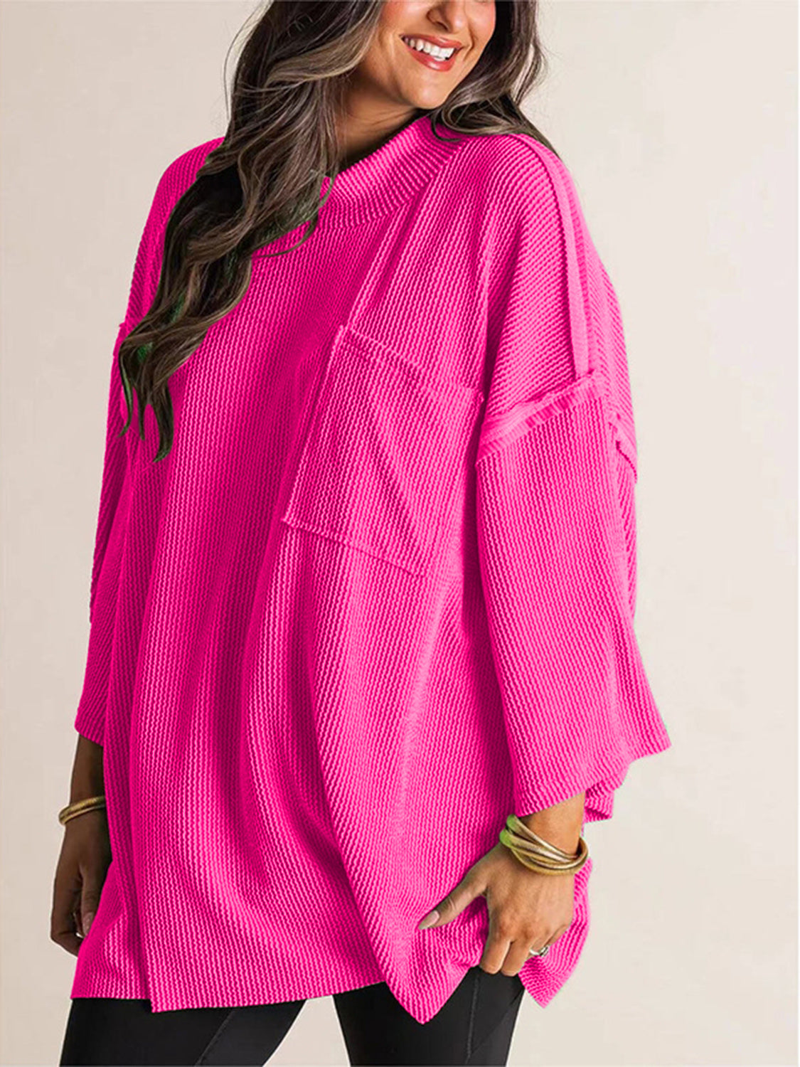 Mock Neck Dropped Shoulder T-Shirt Hot Pink