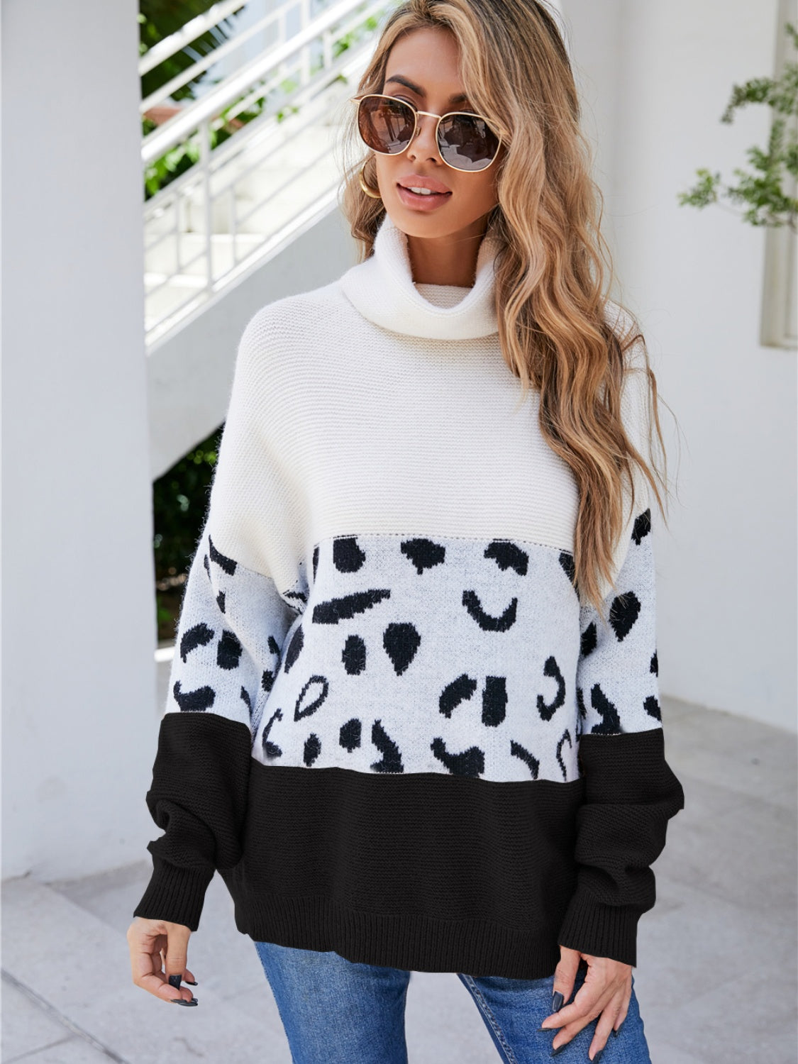 Leopard Color Block Turtleneck Sweater Black