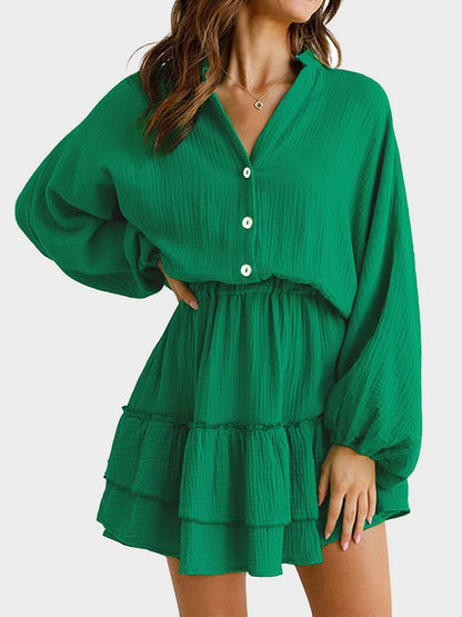 Ruffled Notched Balloon Sleeve Mini Dress Dark Green