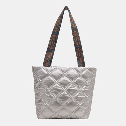 PU Leather Printed Strap Quilted Handbag Silver One Size