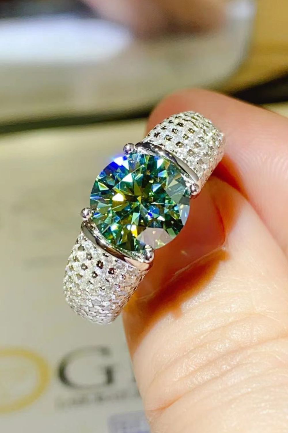 3 Carat Moissanite Side Stone Ring Green