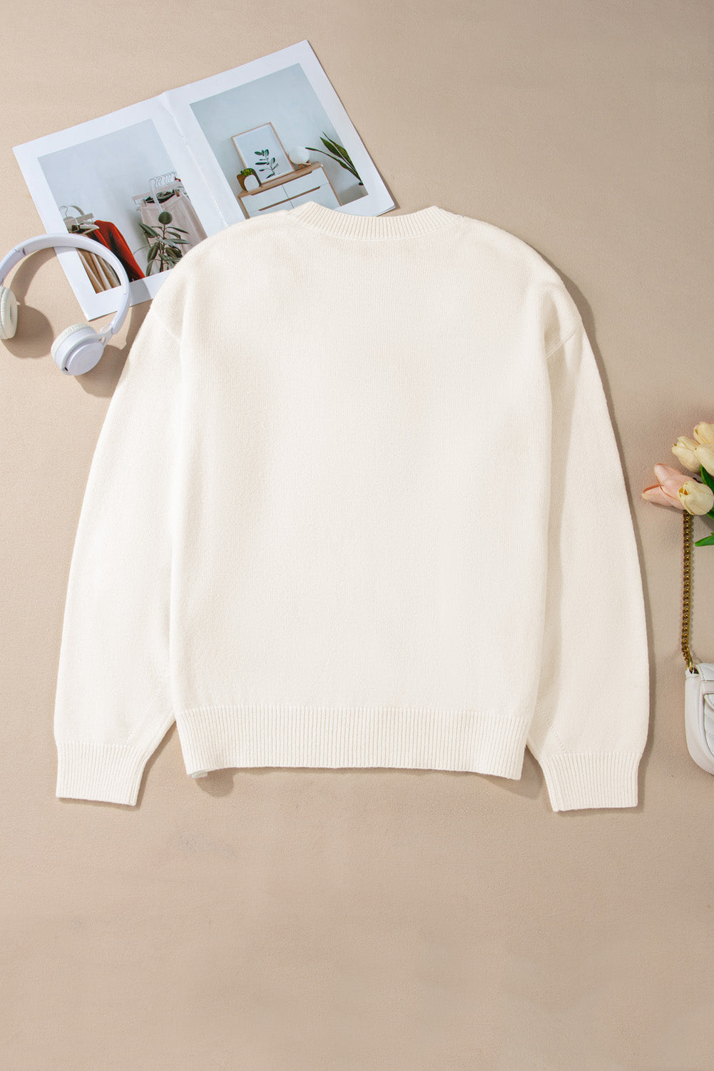 White Plus Size Flower Crochet Drop Shoulder Knit Sweater