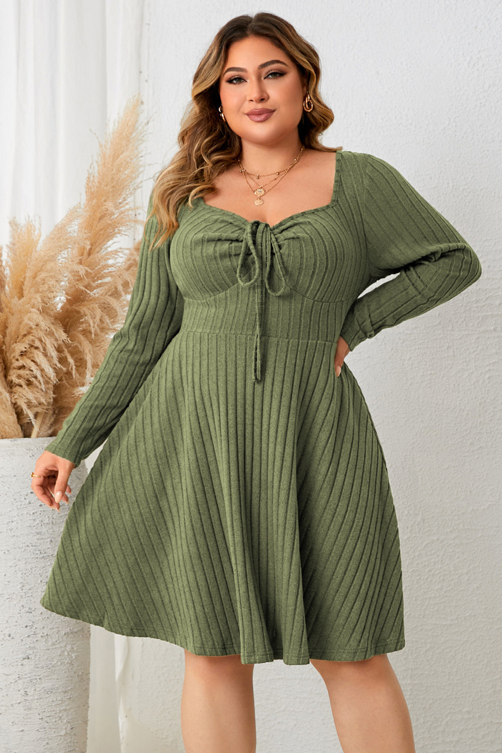 Plus Size Sweetheart Neck Long Sleeve Ribbed Dress - Thandynie