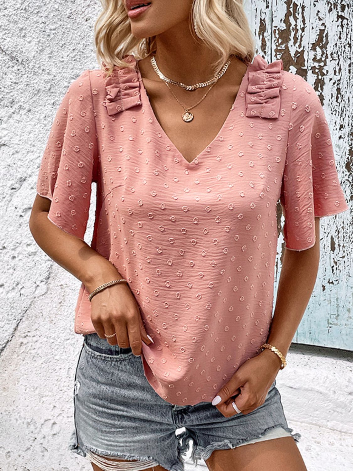 Swiss Dot Shoulder Detail V-Neck Blouse Watermelon pink