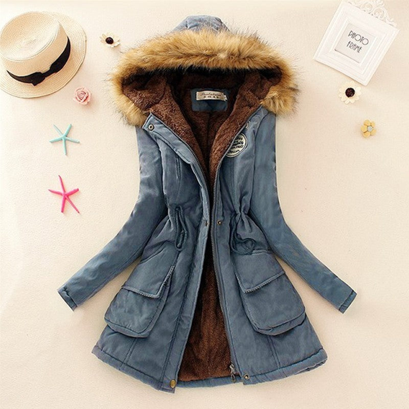 Long Women's Cotton-Padded Jacket With Wool Collar Cowboy blue