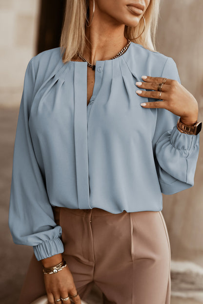 Button Up Round Neck Long Sleeve Shirt Misty Blue