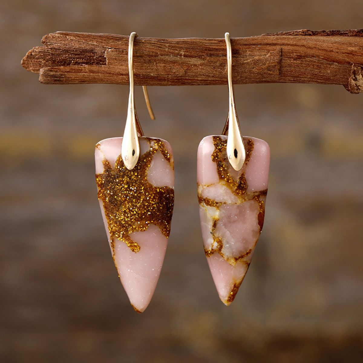 Natural Stone Geometric Shape Earrings Gold Pink One Size