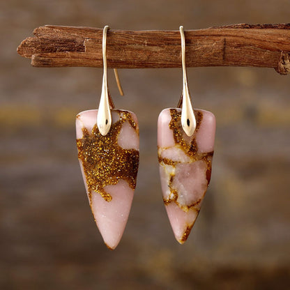 Natural Stone Geometric Shape Earrings Gold Pink One Size