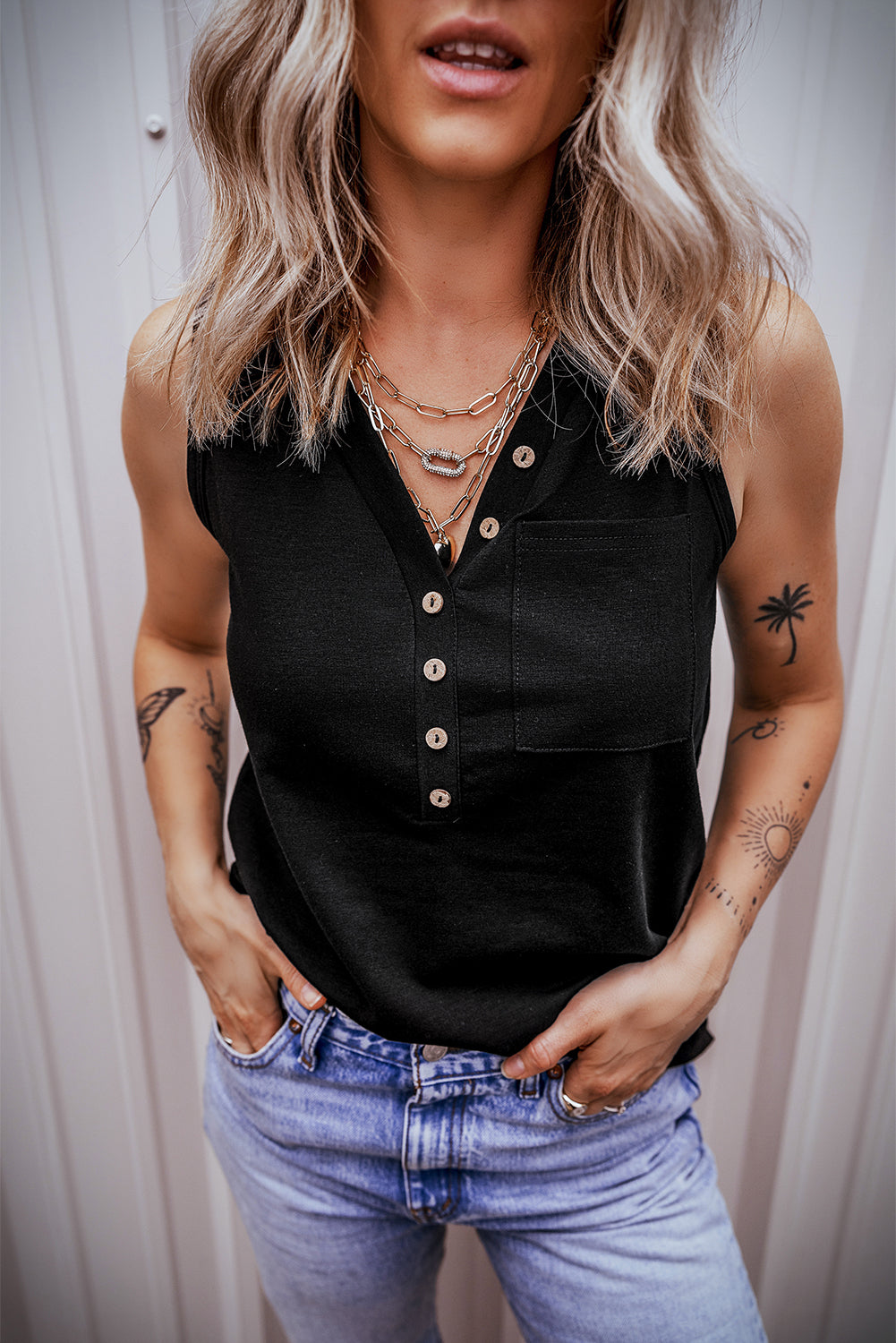 Black Half Button V Neck Patched Pocket Tank Top