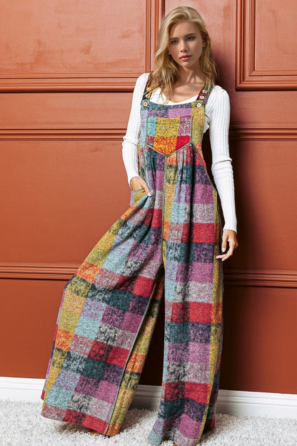 Double Take Full Size Plaid Sleeveless Fleece Wide Leg Jumpsuit Multicolored